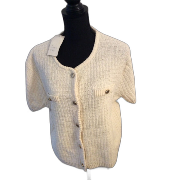 a new day Sweaters - New NWT Short Sleeve Cream Gold Button Front Cardigan XL Career